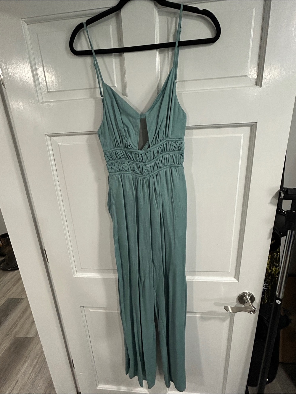Sleeveless Teal V-Neck Jumpsuit with Smocked Waist